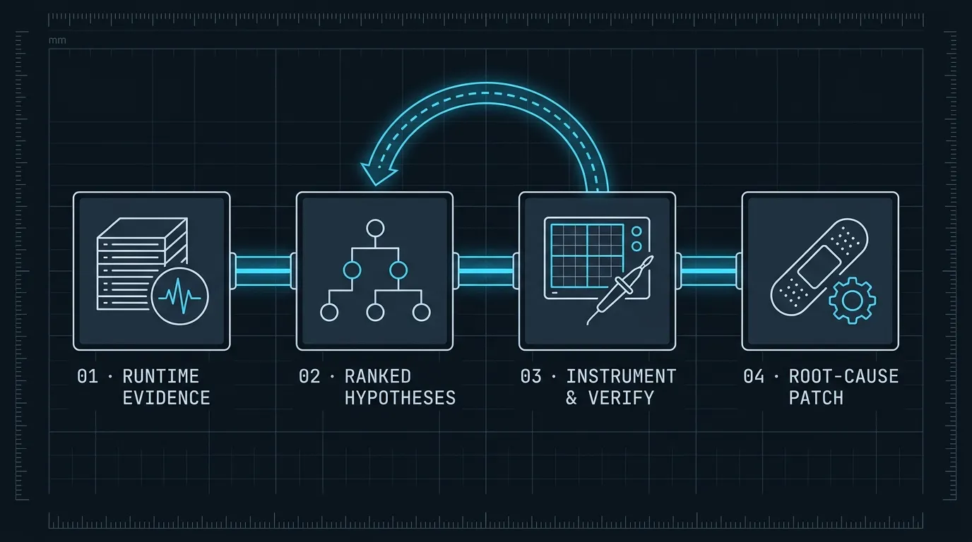 Closed-loop LLM debugging workflow: 01 Runtime Evidence, 02 Ranked Hypotheses, 03 Instrument & Verify with feedback loop, and 04 Root-Cause Patch