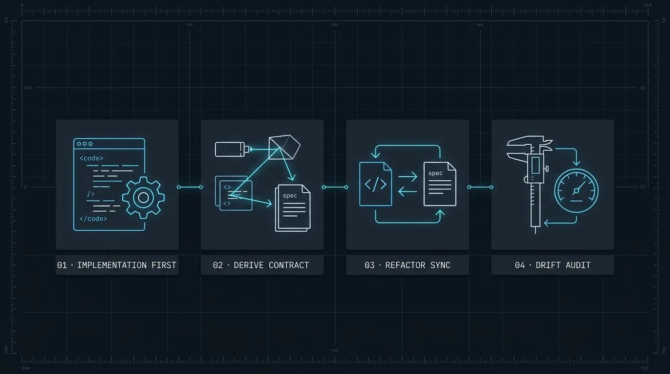 Four-stage AI documentation workflow: 01 Implementation First, 02 Derive Contract, 03 Refactor Sync, and 04 Drift Audit