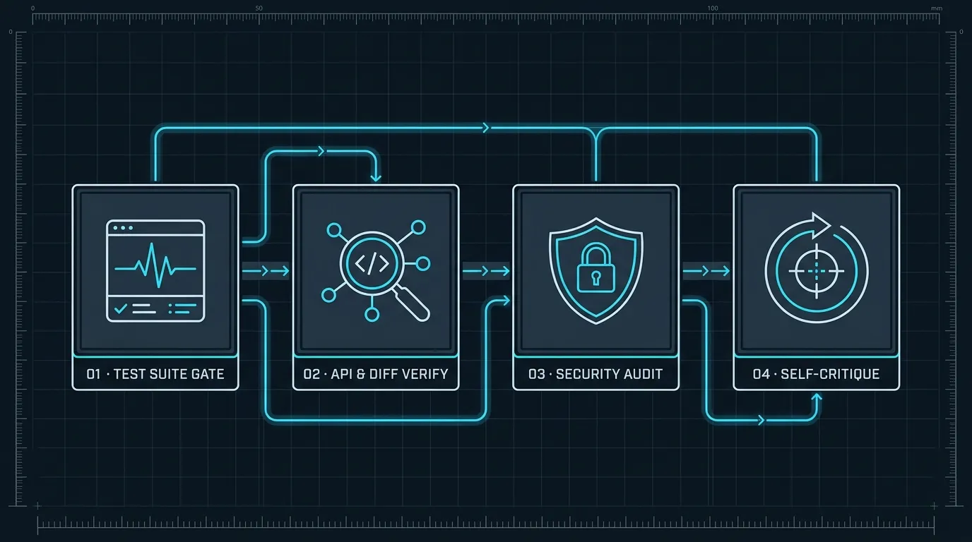 Four-stage verification pipeline for AI-generated code: 01 Test Suite Gate, 02 API & Diff Verify, 03 Security Audit, and 04 Self-Critique