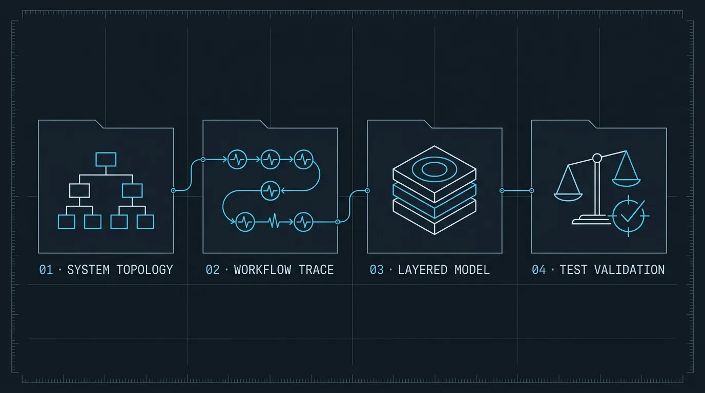 Four-stage codebase exploration workflow: 01 System Topology, 02 Workflow Trace, 03 Layered Model, and 04 Test Validation