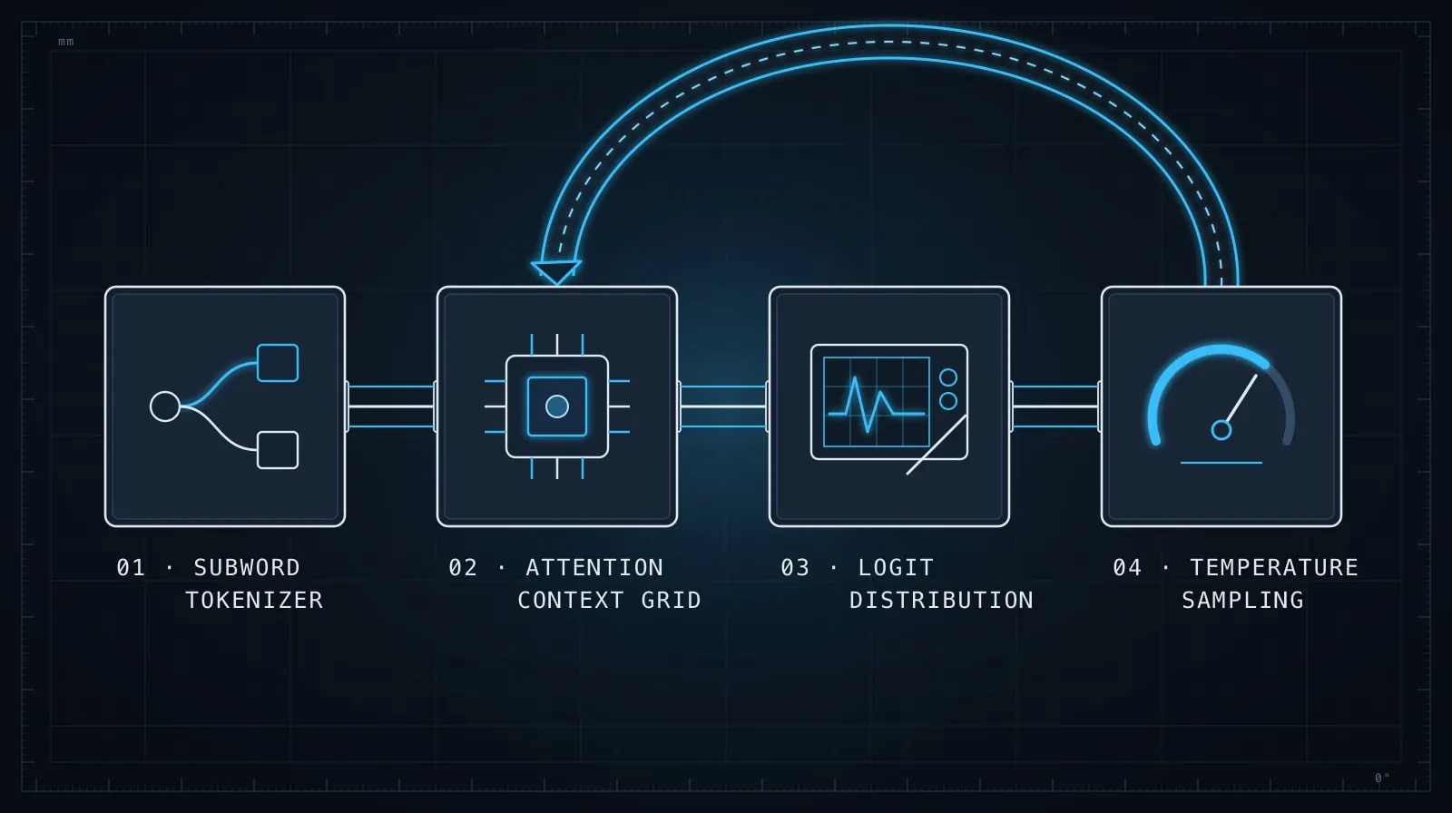 Technical schematic of the autoregressive LLM generation loop: Tokenize, Context Attention, Logit Distribution, and Sample & Append