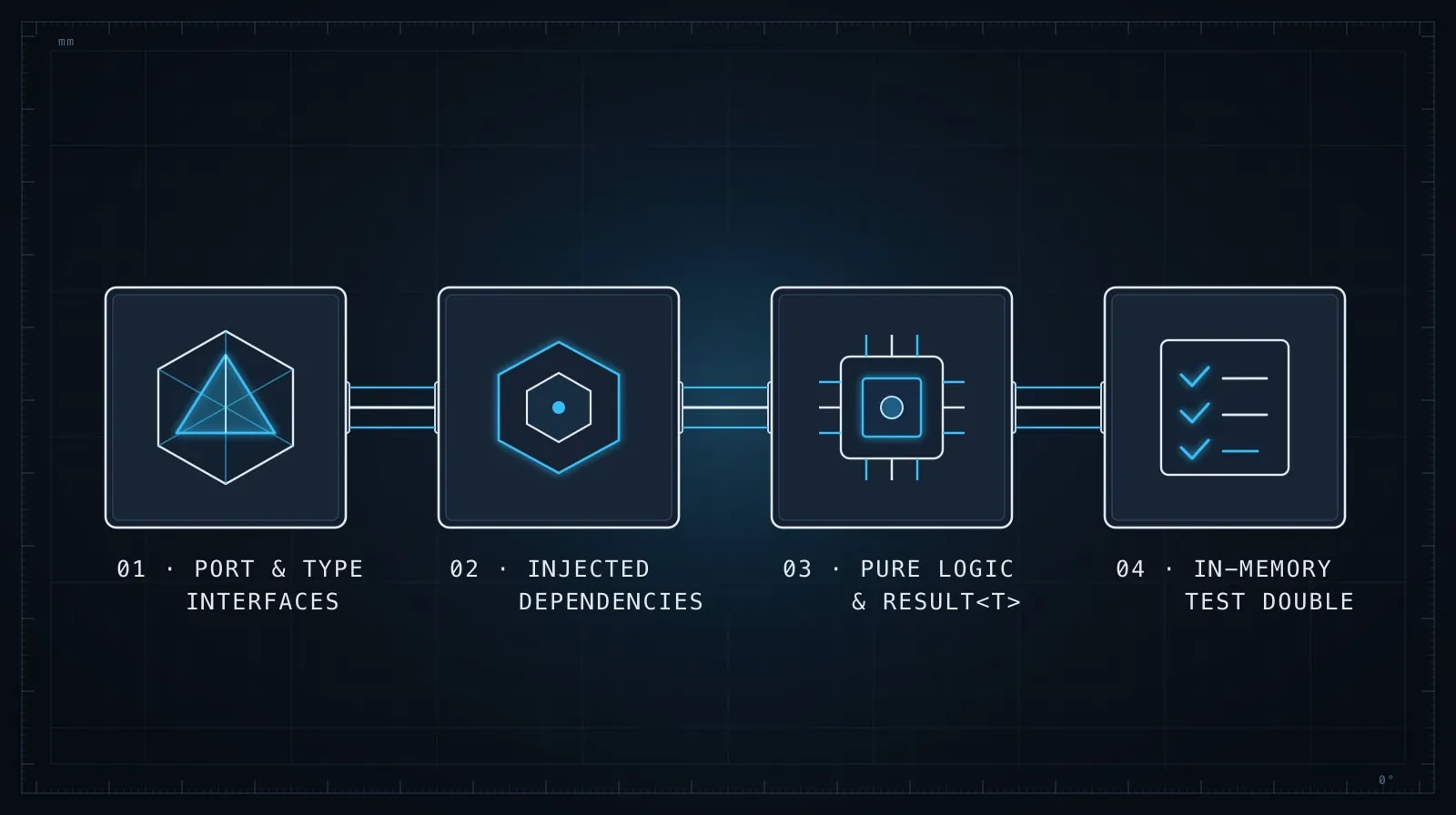 Testable code generation architecture: Interface First, Injected Ports, Pure Core, and Result Union
