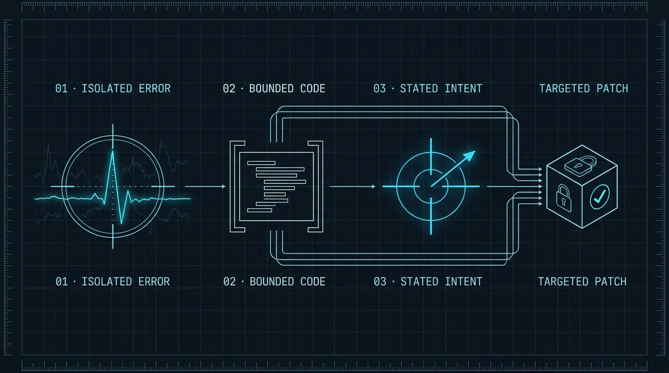 Technical blueprint showing the minimal feedback template pipeline: 01 Isolated Error, 02 Bounded Code, and 03 Stated Intent converging into a Targeted Patch