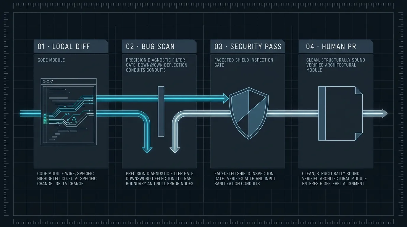 Pre-PR self-review workflow: local diff, mechanical bug scan, security pass, and human PR review